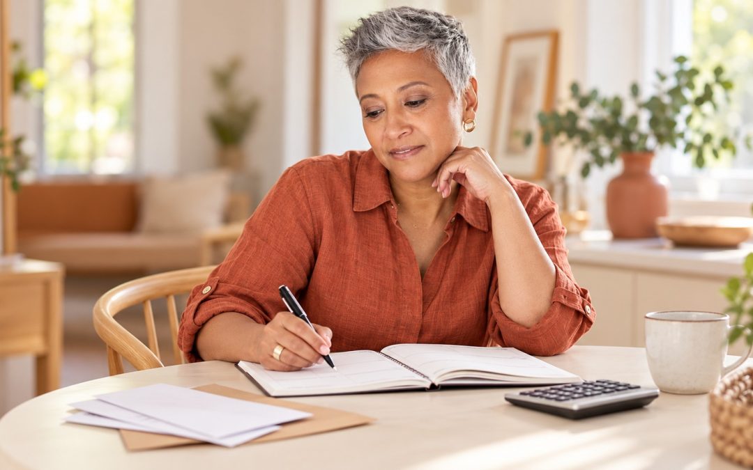 Woman in a rust blouse reviewing a paper planner beside envelopes and a calculator at a breakfast table.